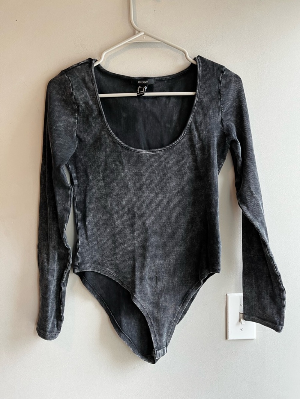 Forever 21 Washed Black Long Sleeve Scoop Neck Bodysuit Size Medium